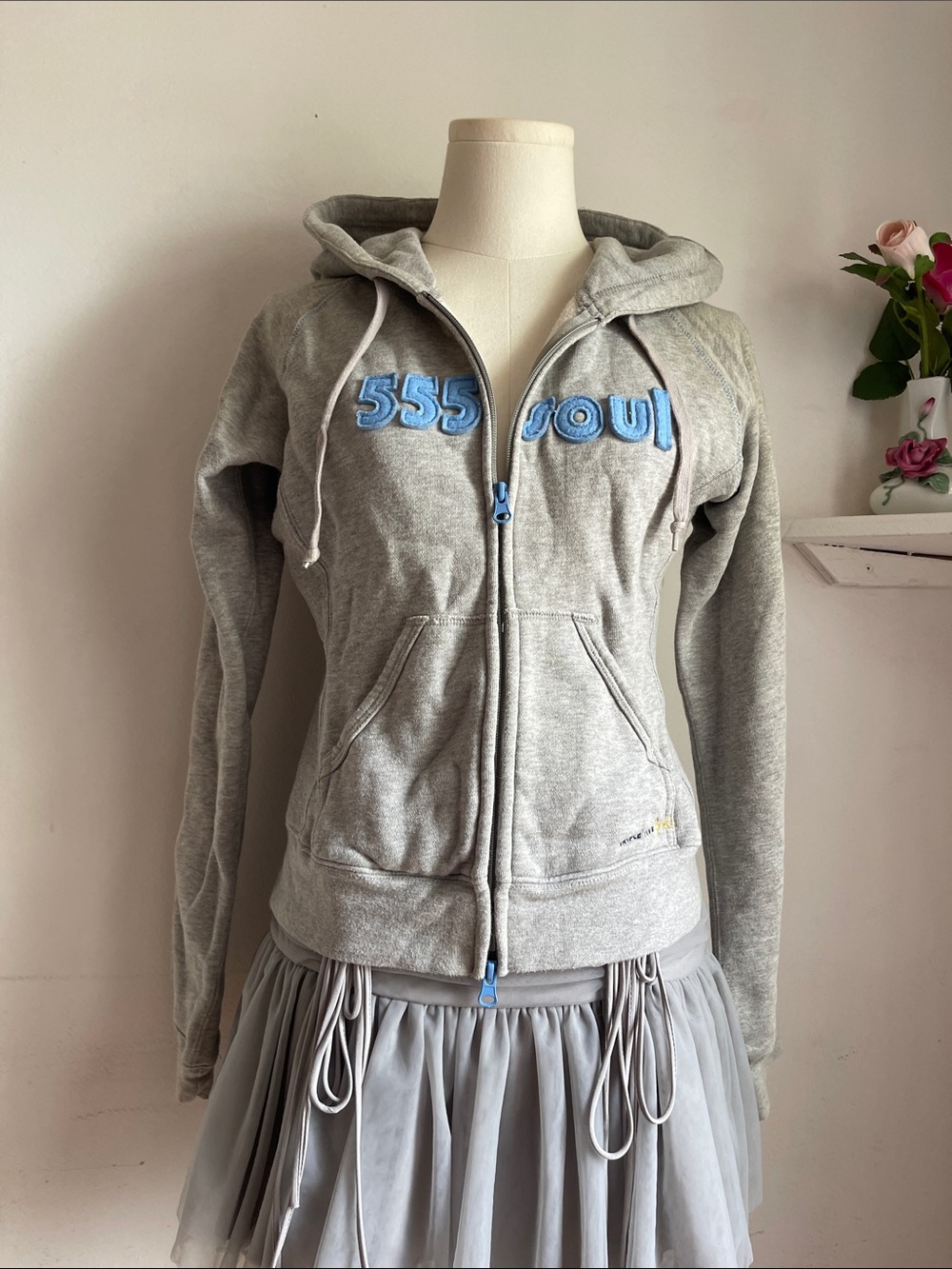 Gray Zip-Up Hoodie with Blue Appliqué